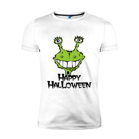 Мужская футболка премиум с принтом Happy Halloween -монстрик в Тюмени, 92% хлопок, 8% лайкра | приталенный силуэт, круглый вырез ворота, длина до линии бедра, короткий рукав | hallowen | helloveen | день всех святых | хэллоуин | хэлоуин