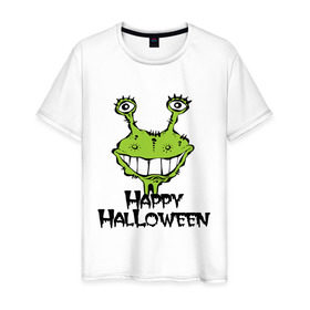 Мужская футболка хлопок с принтом Happy Halloween -монстрик в Тюмени, 100% хлопок | прямой крой, круглый вырез горловины, длина до линии бедер, слегка спущенное плечо. | hallowen | helloveen | день всех святых | хэллоуин | хэлоуин