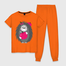Женская пижама хлопок с принтом Ёжик держит яблоко в Тюмени, 100% хлопок | брюки и футболка прямого кроя, без карманов, на брюках мягкая резинка на поясе и по низу штанин | ежик | животные | милые создания