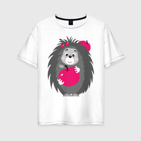 Женская футболка хлопок Oversize с принтом Ёжик держит яблоко в Тюмени, 100% хлопок | свободный крой, круглый ворот, спущенный рукав, длина до линии бедер
 | ежик | животные | милые создания