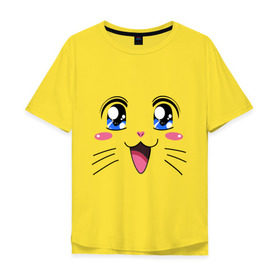 Мужская футболка хлопок Oversize с принтом Японская кошечка в Тюмени, 100% хлопок | свободный крой, круглый ворот, “спинка” длиннее передней части | аниме | глаза | глазки | девушкам | киса | кот | коте | котенок | кошечка | кошка | милые создания | мордочка | японская кошечка