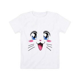 Детская футболка хлопок с принтом Японская кошечка в Тюмени, 100% хлопок | круглый вырез горловины, полуприлегающий силуэт, длина до линии бедер | Тематика изображения на принте: аниме | глаза | глазки | девушкам | киса | кот | коте | котенок | кошечка | кошка | милые создания | мордочка | японская кошечка