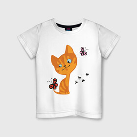 Детская футболка хлопок с принтом Котенок с бабочками в Тюмени, 100% хлопок | круглый вырез горловины, полуприлегающий силуэт, длина до линии бедер | для девушек | котенок | котенок с бабочкой | кошки