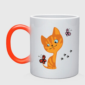 Кружка хамелеон с принтом Котенок с бабочками в Тюмени, керамика | меняет цвет при нагревании, емкость 330 мл | для девушек | котенок | котенок с бабочкой | кошки