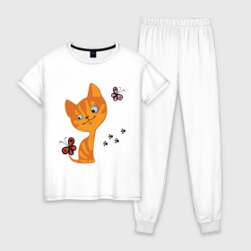 Женская пижама хлопок с принтом Котенок с бабочками в Тюмени, 100% хлопок | брюки и футболка прямого кроя, без карманов, на брюках мягкая резинка на поясе и по низу штанин | для девушек | котенок | котенок с бабочкой | кошки
