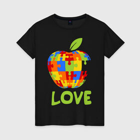 Женская футболка хлопок с принтом Apple пазл в Тюмени, 100% хлопок | прямой крой, круглый вырез горловины, длина до линии бедер, слегка спущенное плечо | apple | love apple | люблю эппл | паззлы | яблоко