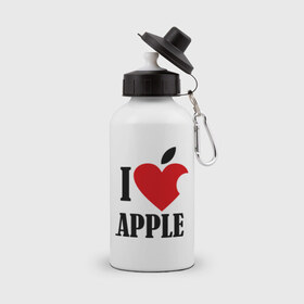 Бутылка спортивная с принтом i love apple с листиком в Тюмени, металл | емкость — 500 мл, в комплекте две пластиковые крышки и карабин для крепления | apple | джобс | телефон | яблоко