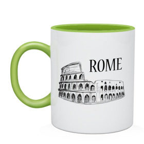 Кружка двухцветная с принтом ROME (эскиз) в Тюмени, керамика | объем — 330 мл, диаметр — 80 мм. Цветная ручка и кайма сверху, в некоторых цветах — вся внутренняя часть | италия | колизей | рим | туристам