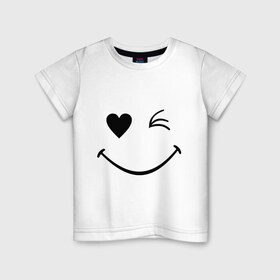 Детская футболка хлопок с принтом Подмигивающий смайлик в Тюмени, 100% хлопок | круглый вырез горловины, полуприлегающий силуэт, длина до линии бедер | smile | для девушек | мордочка | позитив | рожица | сердечко | смайл | смайлик | улыбка