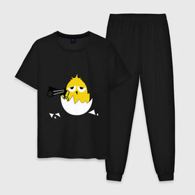 Мужская пижама хлопок с принтом Цыпленок гангстер (chicken gangster) в Тюмени, 100% хлопок | брюки и футболка прямого кроя, без карманов, на брюках мягкая резинка на поясе и по низу штанин
 | дуло | оружие | пистолет | птенчик | птичка | цыпа | яйцо