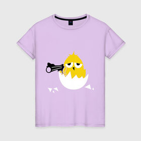 Женская футболка хлопок с принтом Цыпленок гангстер (chicken gangster) в Тюмени, 100% хлопок | прямой крой, круглый вырез горловины, длина до линии бедер, слегка спущенное плечо | дуло | оружие | пистолет | птенчик | птичка | цыпа | яйцо