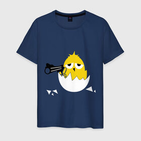 Мужская футболка хлопок с принтом Цыпленок гангстер (chicken gangster) в Тюмени, 100% хлопок | прямой крой, круглый вырез горловины, длина до линии бедер, слегка спущенное плечо. | дуло | оружие | пистолет | птенчик | птичка | цыпа | яйцо