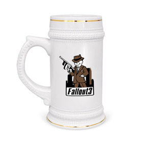 Кружка пивная с принтом Fallout Man with gun в Тюмени,  керамика (Материал выдерживает высокую температуру, стоит избегать резкого перепада температур) |  объем 630 мл | Тематика изображения на принте: fallout | логотип | постапокалиптические | фаллаут | фоллаут