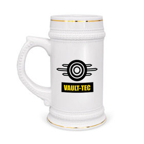 Кружка пивная с принтом Fallout Vault-tec в Тюмени,  керамика (Материал выдерживает высокую температуру, стоит избегать резкого перепада температур) |  объем 630 мл | Тематика изображения на принте: fallout | логотип | постапокалиптические | фаллаут | фоллаут