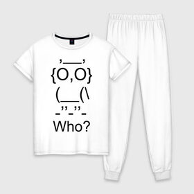 Женская пижама хлопок с принтом Who в Тюмени, 100% хлопок | брюки и футболка прямого кроя, без карманов, на брюках мягкая резинка на поясе и по низу штанин | сова