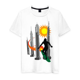 Мужская футболка хлопок с принтом Уличный серфер в Тюмени, 100% хлопок | прямой крой, круглый вырез горловины, длина до линии бедер, слегка спущенное плечо. | город | серф | уличный сервер