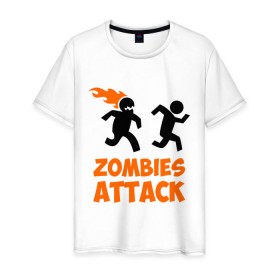 Мужская футболка хлопок с принтом Zombies Attack в Тюмени, 100% хлопок | прямой крой, круглый вырез горловины, длина до линии бедер, слегка спущенное плечо. | Тематика изображения на принте: 