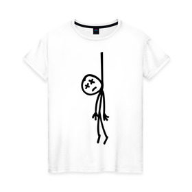 Женская футболка хлопок с принтом Человечек повесился в Тюмени, 100% хлопок | прямой крой, круглый вырез горловины, длина до линии бедер, слегка спущенное плечо | повещенный | прикольные картинки | человечек повесился | человечки