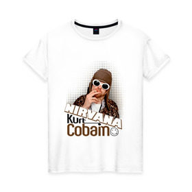 Женская футболка хлопок с принтом Kurt Cobain в очках в Тюмени, 100% хлопок | прямой крой, круглый вырез горловины, длина до линии бедер, слегка спущенное плечо | kurt cobain | kurt cobain в очках | nirvana | музыка | нирвана