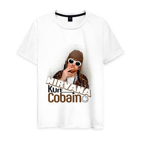 Мужская футболка хлопок с принтом Kurt Cobain в очках в Тюмени, 100% хлопок | прямой крой, круглый вырез горловины, длина до линии бедер, слегка спущенное плечо. | Тематика изображения на принте: kurt cobain | kurt cobain в очках | nirvana | музыка | нирвана
