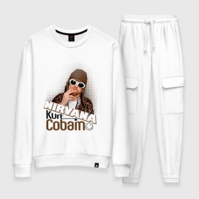 Женский костюм хлопок с принтом Kurt Cobain в очках в Тюмени, 100% хлопок | на свитшоте круглая горловина, мягкая резинка по низу. Брюки заужены к низу, на них два вида карманов: два 