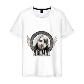 Мужская футболка хлопок с принтом Kurt Cobain с крыльями в Тюмени, 100% хлопок | прямой крой, круглый вырез горловины, длина до линии бедер, слегка спущенное плечо. | kurt cobain | nirvana | группы | курт кобейн | музыка | музыкальные группы. курт | нирвана