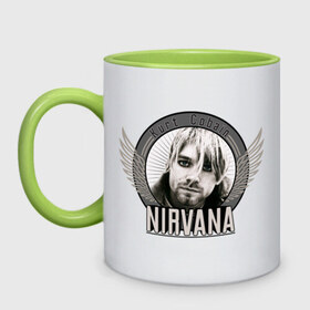 Кружка двухцветная с принтом Kurt Cobain с крыльями в Тюмени, керамика | объем — 330 мл, диаметр — 80 мм. Цветная ручка и кайма сверху, в некоторых цветах — вся внутренняя часть | kurt cobain | nirvana | группы | курт кобейн | музыка | музыкальные группы. курт | нирвана