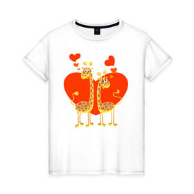 Женская футболка хлопок с принтом ЖИРАФЫ НА СЕРДЦЕ в Тюмени, 100% хлопок | прямой крой, круглый вырез горловины, длина до линии бедер, слегка спущенное плечо | Тематика изображения на принте: 14 февраля | african | animals | february 14 | giraffes | hearts | love | lovers | valentines day | африканские | влюблённые | день святого валентина | животные | жирафы | любовь | сердца