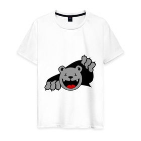 Мужская футболка хлопок с принтом Медведь вылезает из футболки в Тюмени, 100% хлопок | прямой крой, круглый вырез горловины, длина до линии бедер, слегка спущенное плечо. | Тематика изображения на принте: медведь | прикольные картинки