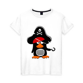 Женская футболка хлопок с принтом Пингвин - тусовщик в Тюмени, 100% хлопок | прямой крой, круглый вырез горловины, длина до линии бедер, слегка спущенное плечо | пингвин | пират