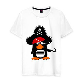 Мужская футболка хлопок с принтом Пингвин - тусовщик в Тюмени, 100% хлопок | прямой крой, круглый вырез горловины, длина до линии бедер, слегка спущенное плечо. | пингвин | пират