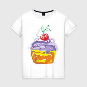Женская футболка хлопок с принтом кексик в Тюмени, 100% хлопок | прямой крой, круглый вырез горловины, длина до линии бедер, слегка спущенное плечо | вишенка | еда | кексик | пироженка | сладости | тортики