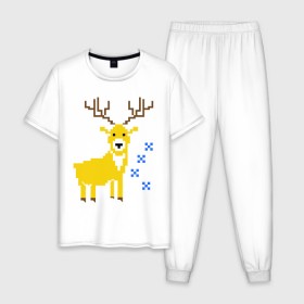 Мужская пижама хлопок с принтом Олень и снежинки в Тюмени, 100% хлопок | брюки и футболка прямого кроя, без карманов, на брюках мягкая резинка на поясе и по низу штанин
 | new year | вязаный | новогодний | олень | пиксельный