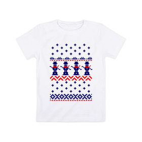 Детская футболка хлопок с принтом Узор снеговики в Тюмени, 100% хлопок | круглый вырез горловины, полуприлегающий силуэт, длина до линии бедер | Тематика изображения на принте: 2013 | new year | вязанная | год змеи | дед мороз | новый год | снеговик | снеговики