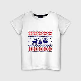 Детская футболка хлопок с принтом Узор олени в Тюмени, 100% хлопок | круглый вырез горловины, полуприлегающий силуэт, длина до линии бедер | Тематика изображения на принте: new year | вязанные | год змеи | дед мороз | новый год | олени | олень | узор