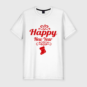 Мужская футболка премиум с принтом Happy new year, носок в Тюмени, 92% хлопок, 8% лайкра | приталенный силуэт, круглый вырез ворота, длина до линии бедра, короткий рукав | 2013 | happy new year | new year | год змеи | дед мороз | новый год