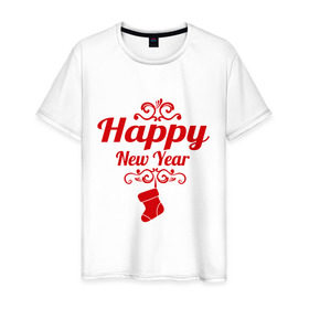 Мужская футболка хлопок с принтом Happy new year, носок в Тюмени, 100% хлопок | прямой крой, круглый вырез горловины, длина до линии бедер, слегка спущенное плечо. | 2013 | happy new year | new year | год змеи | дед мороз | новый год