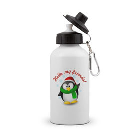 Бутылка спортивная с принтом Hello my Friends в Тюмени, металл | емкость — 500 мл, в комплекте две пластиковые крышки и карабин для крепления | пингвин
