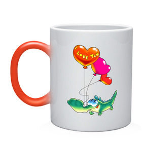 Кружка хамелеон с принтом КРОКОДИЛ С СЕРДЕЧКАМИ в Тюмени, керамика | меняет цвет при нагревании, емкость 330 мл | i love you | детские | детям | для детей | крокодил | любовь | я тебя люблю