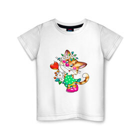 Детская футболка хлопок с принтом КИСКА С СЕРДЕЧКОМ в Тюмени, 100% хлопок | круглый вырез горловины, полуприлегающий силуэт, длина до линии бедер | детское | детям | для детей | киса | котенок | кошка