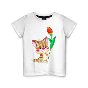 Детская футболка хлопок с принтом КОТ С ТЮЛЬПАНОМ в Тюмени, 100% хлопок | круглый вырез горловины, полуприлегающий силуэт, длина до линии бедер | детские | животные | звери | зверушка | киса | котенок | котик | цветок | цветочек