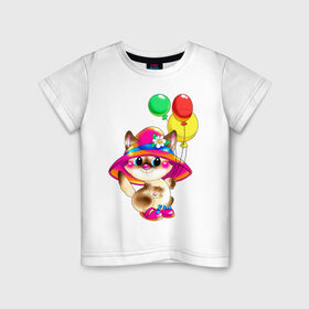 Детская футболка хлопок с принтом КИСКА В ШЛЯПЕ в Тюмени, 100% хлопок | круглый вырез горловины, полуприлегающий силуэт, длина до линии бедер | в шляпе | воздушные шарики | детские | животные | звери | зверушка | киса | котенок | шары