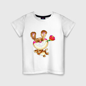 Детская футболка хлопок с принтом МЕДВЕДЬ С ТЮЛЬПАНОМ в Тюмени, 100% хлопок | круглый вырез горловины, полуприлегающий силуэт, длина до линии бедер | детские | животные | звери | зверушка | медвежонок | мишка | мишутка | цветок | цветочек