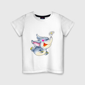 Детская футболка хлопок с принтом СЛОНЁНОК С РОМАШКОЙ в Тюмени, 100% хлопок | круглый вырез горловины, полуприлегающий силуэт, длина до линии бедер | детские | животные | звери | зверушки | слоник | цветок | цветочек