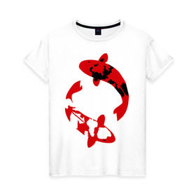 Женская футболка хлопок с принтом Карпы кои (koi fish) в Тюмени, 100% хлопок | прямой крой, круглый вырез горловины, длина до линии бедер, слегка спущенное плечо | koi fish | животные | искусство | карпы | карпы кои | прикольные картинки | рыбы | япония | японское