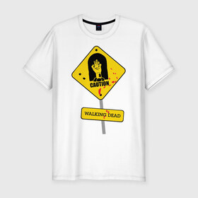Мужская футболка премиум с принтом Caution - Walking dead в Тюмени, 92% хлопок, 8% лайкра | приталенный силуэт, круглый вырез ворота, длина до линии бедра, короткий рукав | живые мертвецы | знак | кино | кровь | опасность | предостережение | сериал | телевидение | телесериал | ходячие мертвецы