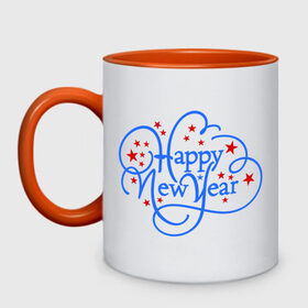 Кружка двухцветная с принтом Happy New Year! в Тюмени, керамика | объем — 330 мл, диаметр — 80 мм. Цветная ручка и кайма сверху, в некоторых цветах — вся внутренняя часть | 2013 | happy new year | new year | ny | год змеи | новый год | новый год 2013