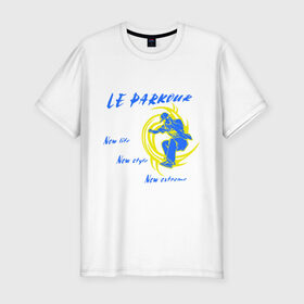 Мужская футболка премиум с принтом le parkour (паркур) в Тюмени, 92% хлопок, 8% лайкра | приталенный силуэт, круглый вырез ворота, длина до линии бедра, короткий рукав | new extreme | new life | new style | parkur | спорт | экстрим