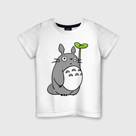 Детская футболка хлопок с принтом TOTORO с листом в Тюмени, 100% хлопок | круглый вырез горловины, полуприлегающий силуэт, длина до линии бедер | totoro | totoro с листом | аниме | тоторо