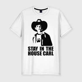 Мужская футболка премиум с принтом Walking dead - stay in the house Carl в Тюмени, 92% хлопок, 8% лайкра | приталенный силуэт, круглый вырез ворота, длина до линии бедра, короткий рукав | зомби